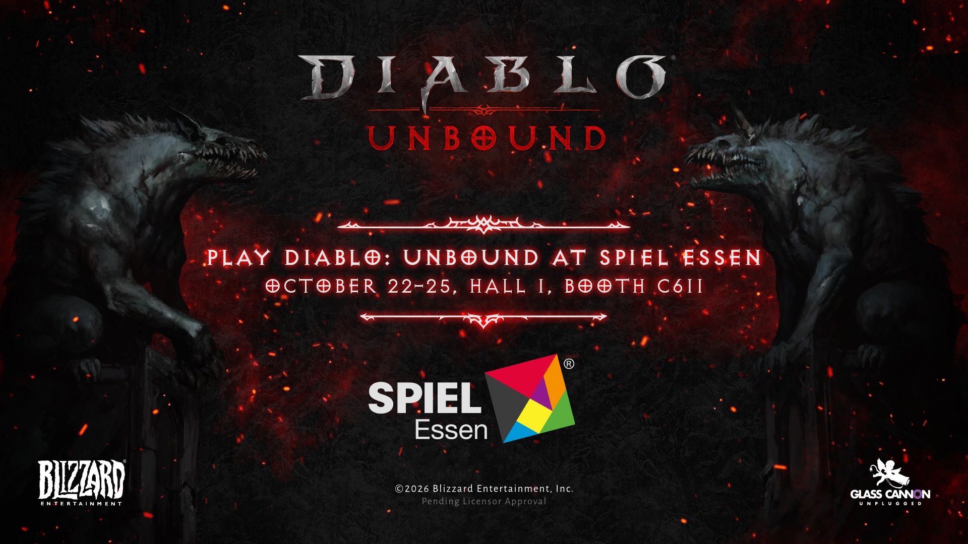 Banner announcing Diablo: Unbound play at SPIEL Essen, with Blizzard and Glass Cannon Unplugged logos.