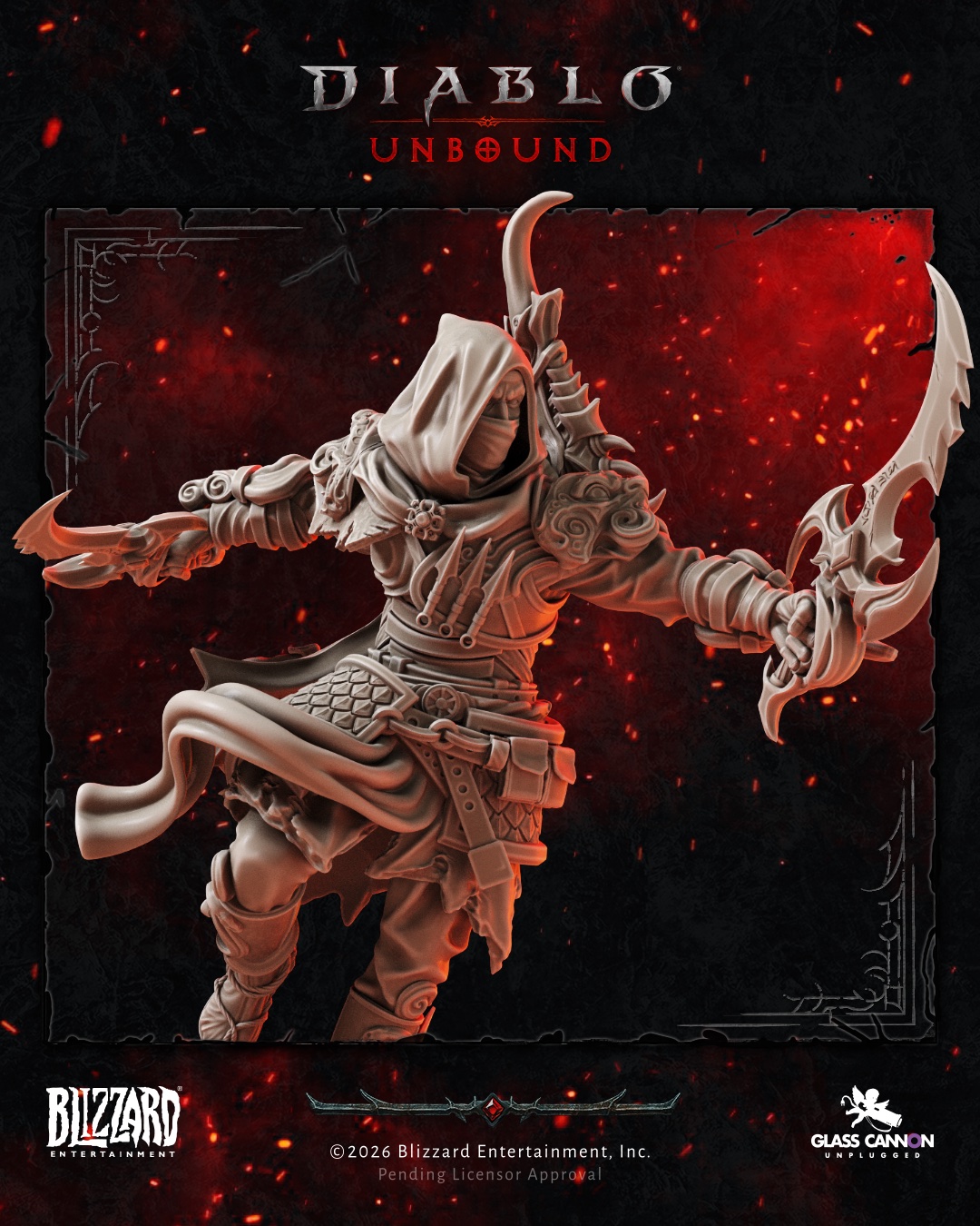 Unpainted Diablo: Unbound miniature sculpt on a red and black background.