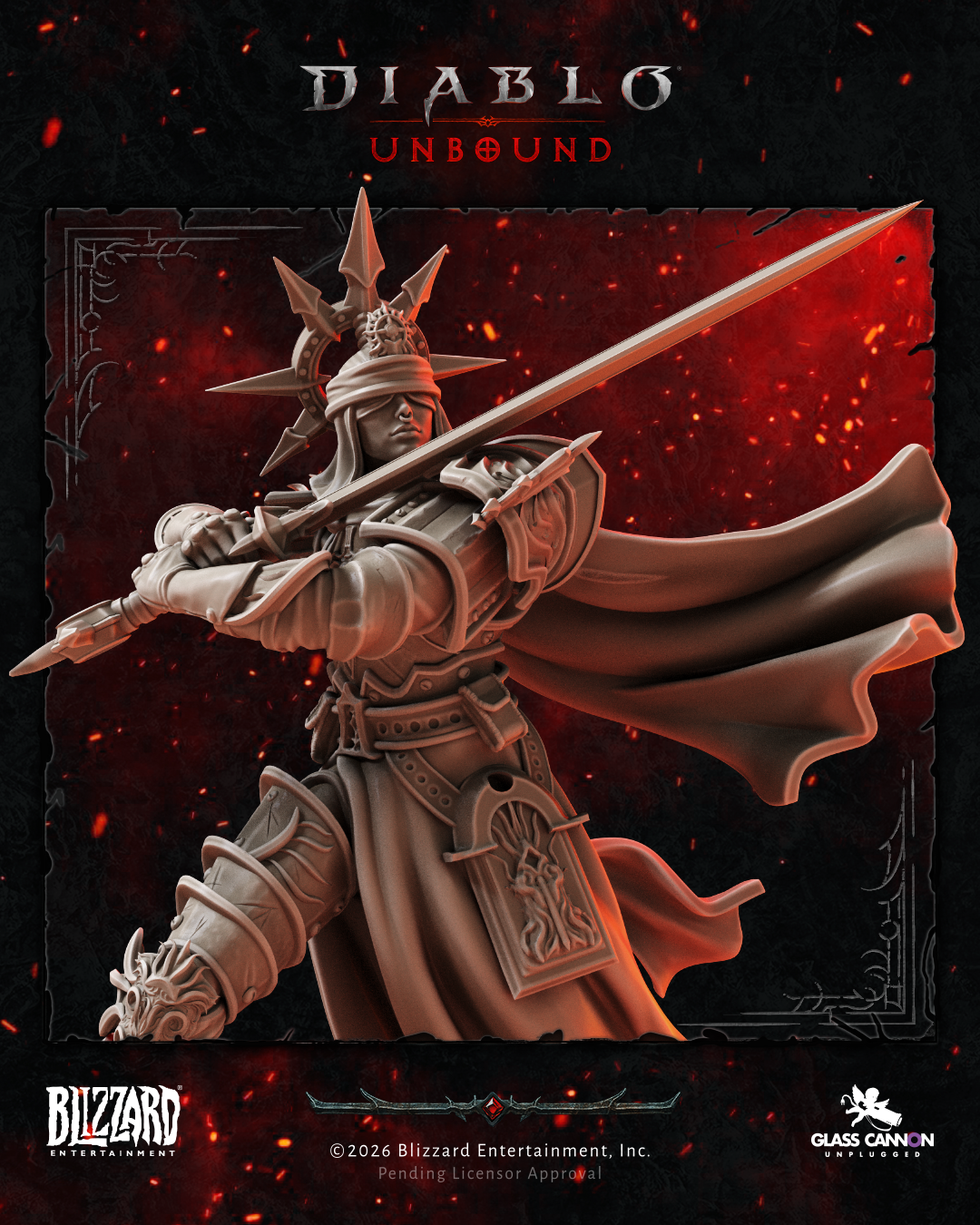 Unpainted Diablo: Unbound miniature sculpt on a red and black background.